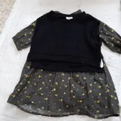 花柄　ワンピース　ニットベスト　ケーブル