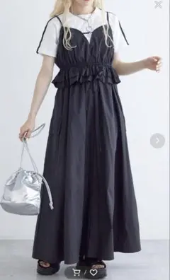 w closet ナイロンフリルキャミ×ギャザースカート セットアップ ブラック