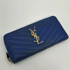 サンローラン 長財布 ラウンドファスナー キャビアスキン 青 希少