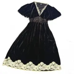 ダークコア　ベロアレースワンピース　ビジュー付き　ブラウン　レトロ　Lサイズ