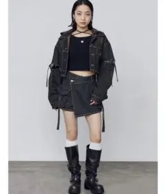 カットスリーブフードデニムブルゾン セットアップ