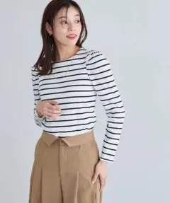 ピエロ pierrot ボーダー リブ 長袖 ロンt パフスリーブ 春