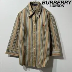美品 バーバリー ロンドン 長袖シャツ ブラウス ストライプ ロゴ ナイト刺繍