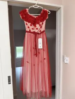 レッド フラワー装飾 ロングドレス M