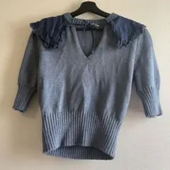ZARA グレー Vネック 半袖セーター M フリル　襟付き