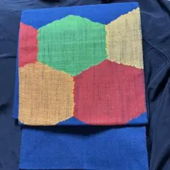 名古屋帯 多色 幾何学模様、大胆柄、スッキリ一重張り有サマー麻綿、新品、美品希少