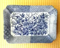 美濃焼　龍峰　染付牡丹紋 角皿 大皿 23x32cm 　高台皿　ビンテージ品