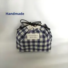 ハンドメイド＊おにぎり巾着袋/小さめお弁当袋/ネイビーチェック柄/北欧風