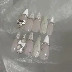 ネイルチップ ギャルネイル ロング 埋め尽くし　ハート　ワンホン シルバー