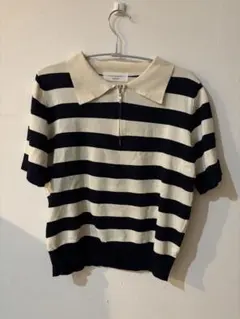 ストライプ ポロ襟 半袖ニットセーター