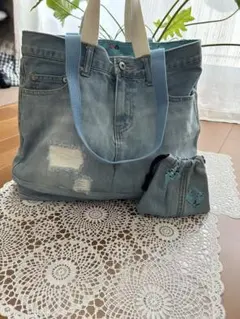 ♡ハンドメイド＊大きめバッグ＊デニム✖️ブループリント＊リバーシブルOK＊巾着付き