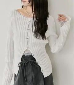 ラウンドスリットリブカーディガン　ホワイト