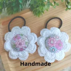 ハンドメイド ホワイト×花柄　ヘアゴム