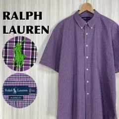 美品☆XXL表記☆ラルフローレン 刺繍ポニー 半袖 チェックシャツ パープル