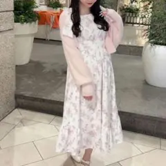 evelyn 肩リボン花柄ワンピース ピンク ロングワンピース エブリン