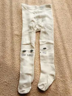猫顔刺繍オフホワイトベビータイツ