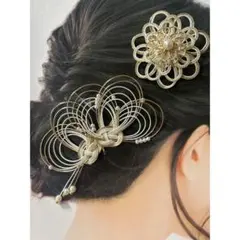 《セットでお得》和装　髪飾り　水引アクセサリー　2点セット　ゴールド×ホワイト