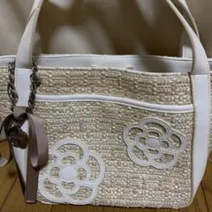 ベージュ 花柄刺繍 ハンドバッグ