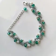 №182　ボタンカットガラス×シードビーズ×パールブレスレット　ハンドメイド