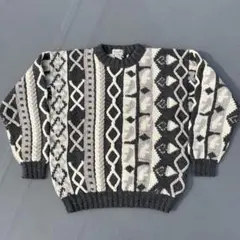 80s~90s Lamatta 立体編み 3Dニット ウールセーター 総柄