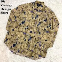 90s ヴィンテージ 総柄シャツ ポリシャツ 長袖 絵画 アート 日本製 M