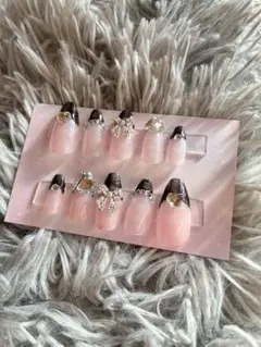 量産型 ネイルチップ ピンク×ブラック ちゅるんリボン 韓国 地雷系 ガーリー