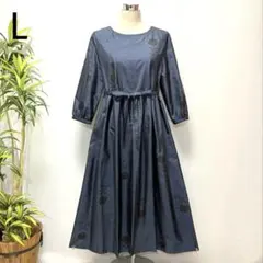 着物リメイク　大島紬花柄ロングワンピース　ゆったり　ギャザー　パフスリーブ　紺