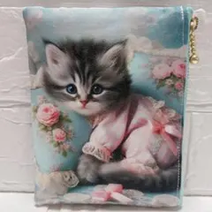 フラットポーチ　ミニポーチ　ハンドメイド　両面パネル生地　姫パジャマ猫ちゃん⑦