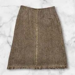 ブラウン　チェック　フリンジ　スカート　膝丈　レディース　春服