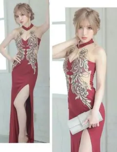 【Tika】ホルターネックシアーゴールド刺繍ドレープスリットタイトロングドレス