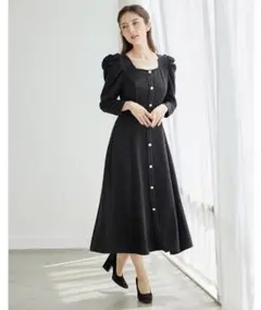 tocco closet パール飾り釦付きパワーショルダーラメツイードワンピース