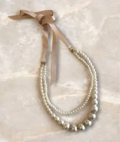 パールホワイト 二重ネックレス リボン付き