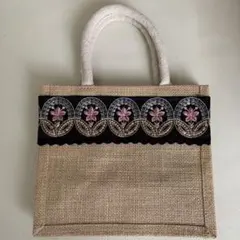 インド刺繍リボン　ジュートバッグ　A6 両面アレンジ　ブラック