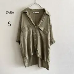 ZARA ザラ 半袖シャツ ブラウス とろみシャツ ダブルポケット カーキ Sのサムネイル