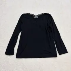 ♡アーヴェヴェ♡ 長袖薄手Tシャツ　レース　レーヨン混　ブラック　スキッパー　M