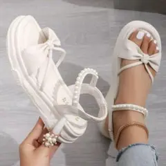 サンダル ホワイト リボン パール 厚底 24cm