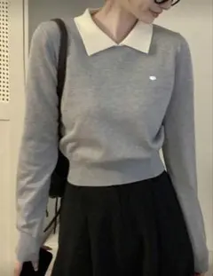 SHEIN 韓国風ポロカラー 秋冬新作 ショート丈トップス 薄手 カラーブロック