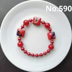 ハンドメイド赤色パールビーズブレスレット590