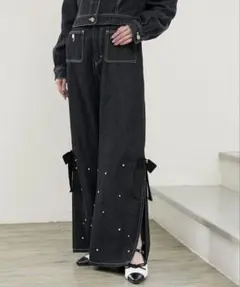 MAJESTIC LEGON サイドリボンビジューデニムパンツ Mサイズ黒デニムのサムネイル