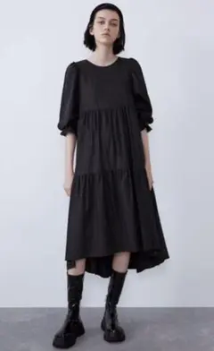 新品☆ZARA ザラ プリーツ入りアシンメトリーワンピース ダークグレー