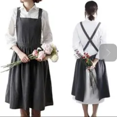 エプロン　ワンピース風　グレー　無地　シンプル　おしゃれ　北欧　ギャザー