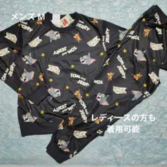 新品 メンズ M トムとジェリー総柄 長袖パジャマ 上下セット 薄黒色