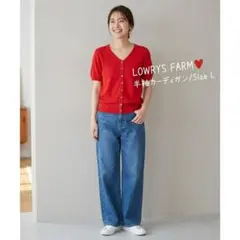 LOWRYS FARM 赤色 半袖カーディガン Vネック 37cm肩幅 Lサイズ