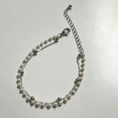 【2連小粒パールチェーンブレスレット】美品　フリーサイズ
