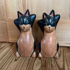 木彫り風 猫 置物 ペア 黒猫 アジアン雑貨 バリ雑貨 ネコ オブジェ