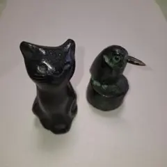 鋳鉄製 猫 カワセミ 置物 2点セット