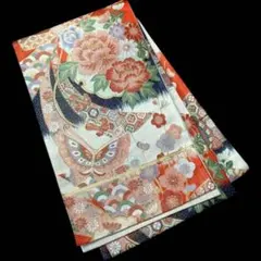 美品 赤茶系の唐織袋帯 四季草花 松竹梅 菊 吉祥文様 セミフォーマル