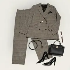 美品 Aga アーガ　グレンチェック ダブルジャケット×パンツ セットアップ