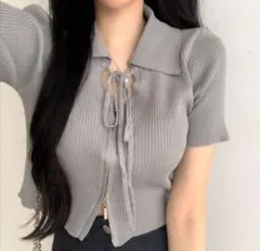 グレー 半袖リブ編みトップス