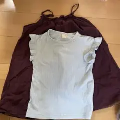 petit main 120 水色フリル袖Tシャツと紫キャミソールセット